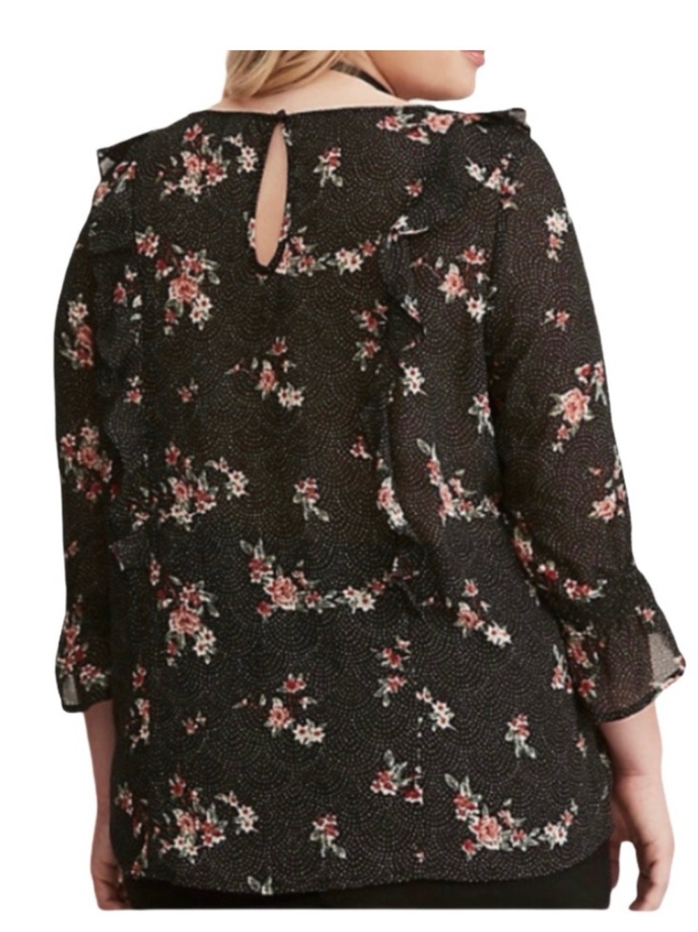 Torrid Ladies Black Dot Floral  Ruffle Sleeve Blouse Size 1 (14/16) - Picture 4 of 6